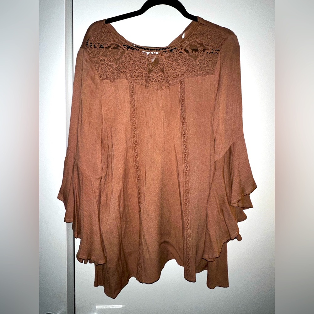 Pink blush maternity top - Mauve Lace Crochet Accent Bell Sleeve Top